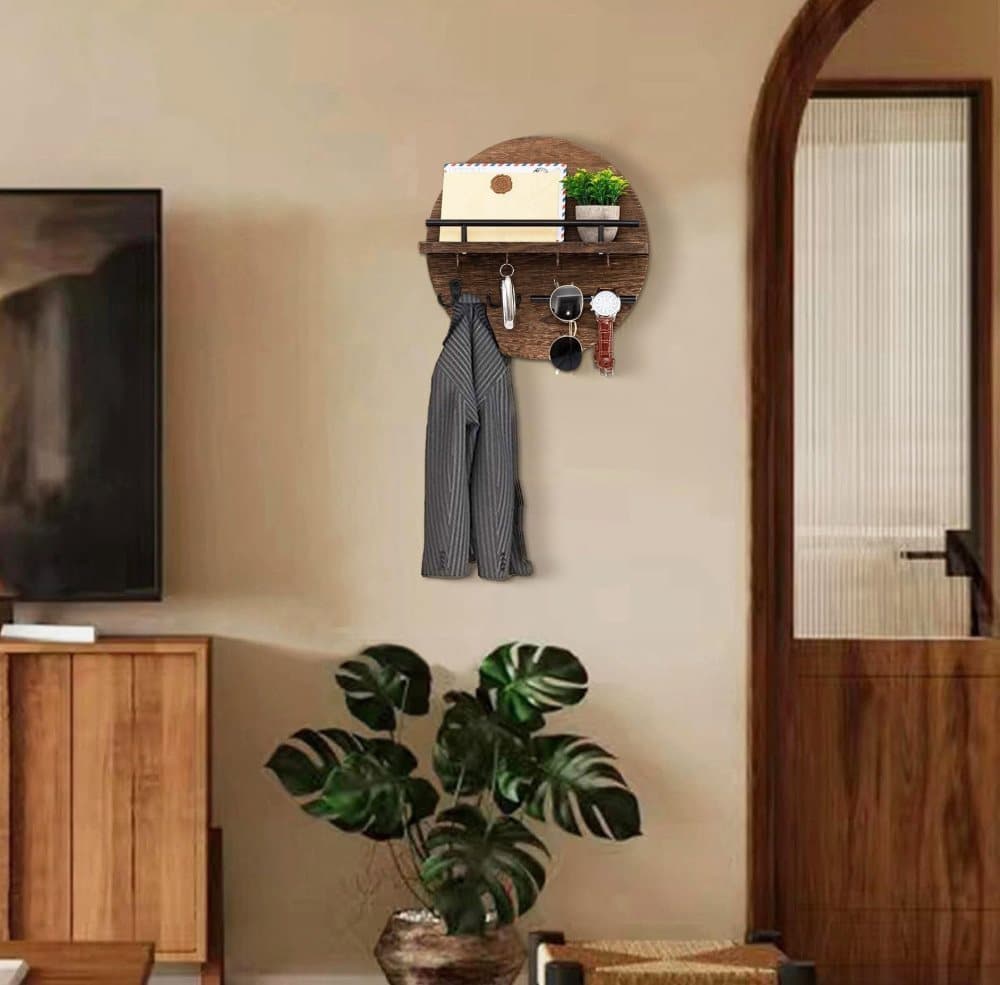 Wooden Key Holder with Storage Tray and Hooks for Hallway Corridor Bedroom Office, Brown - Image 6