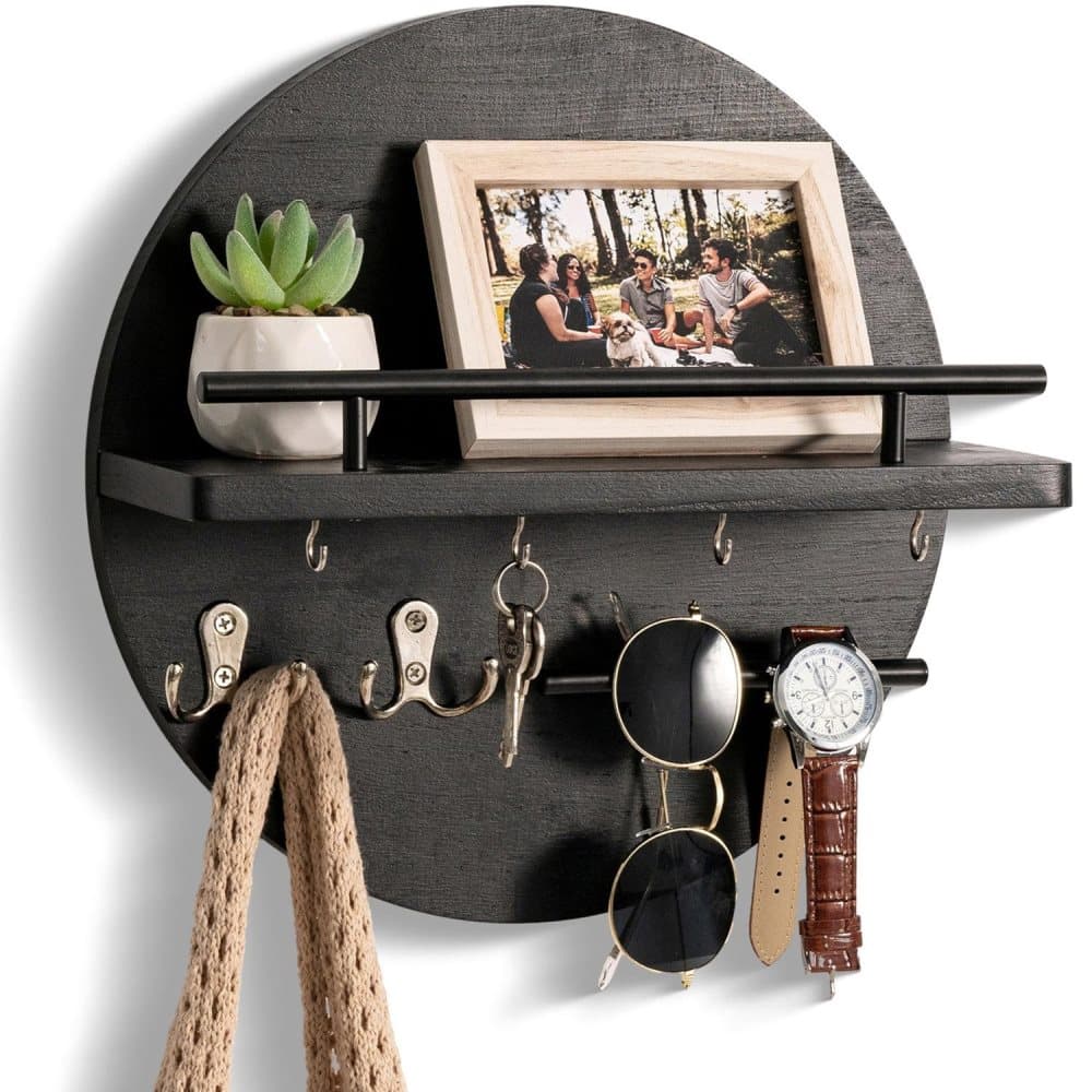 Wooden Key Holder with Storage Tray and Hooks for Hallway Corridor Bedroom Office, Black - Image 1