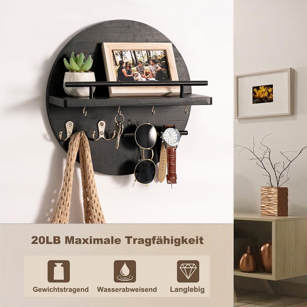 Wooden Key Holder with Storage Tray and Hooks for Hallway Corridor Bedroom Office, Black - Image 2