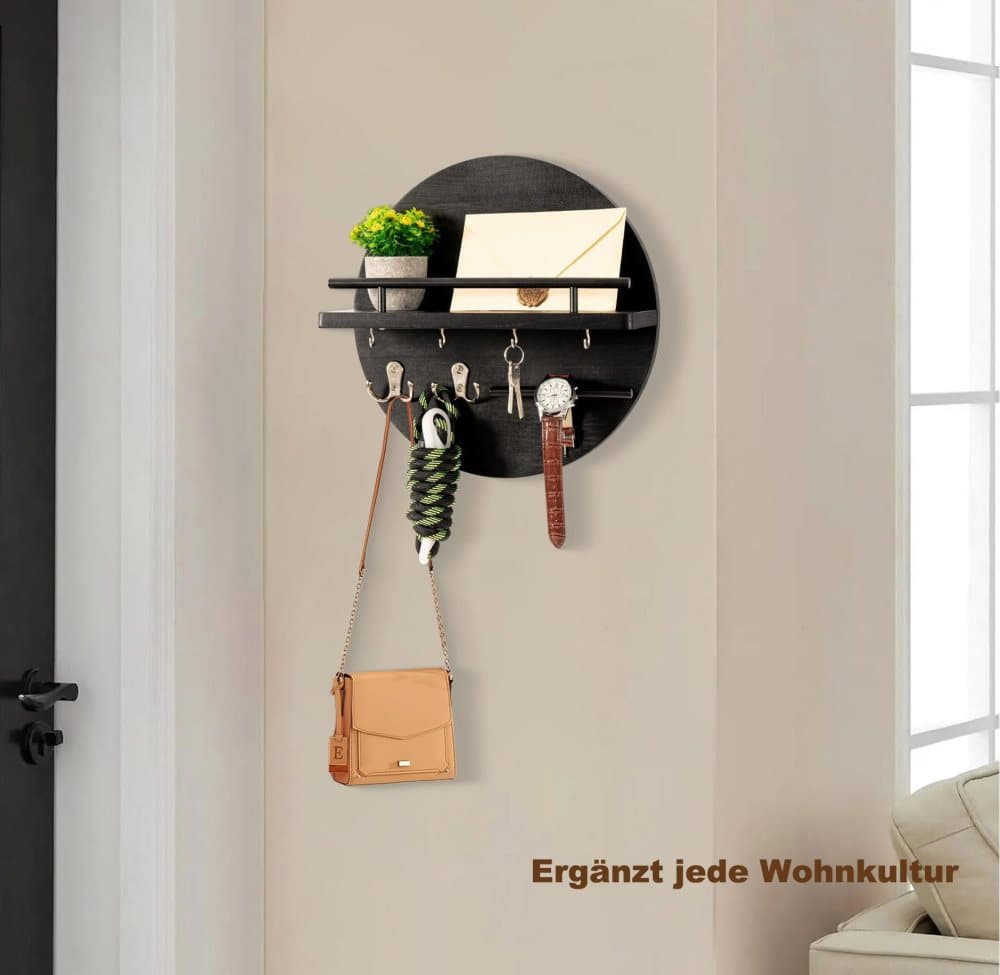Wooden Key Holder with Storage Tray and Hooks for Hallway Corridor Bedroom Office, Black - Image 3