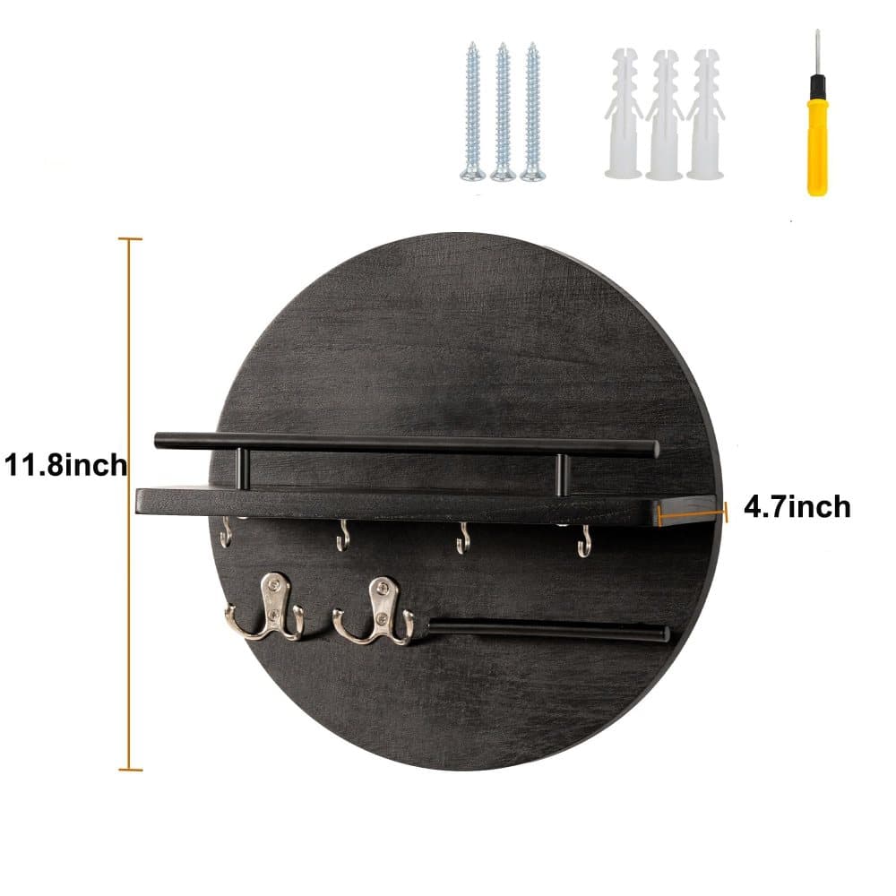 Wooden Key Holder with Storage Tray and Hooks for Hallway Corridor Bedroom Office, Black - Image 6