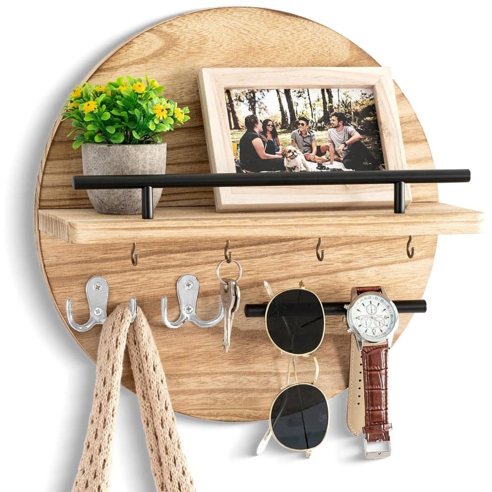 Wooden Key Holder with Storage Tray and Hooks for Hallway Corridor Bedroom Office, Light Brown - Image 1