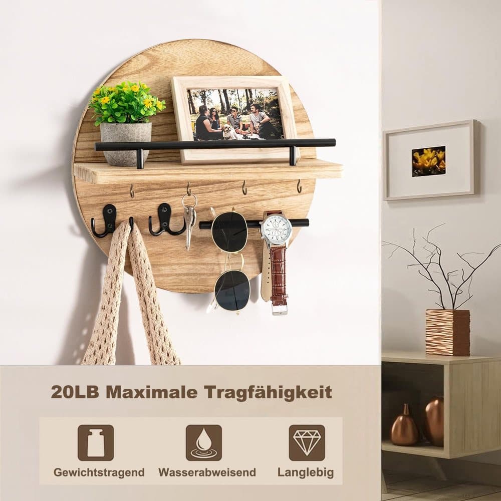 Wooden Key Holder with Storage Tray and Hooks for Hallway Corridor Bedroom Office, Light Brown - Image 2