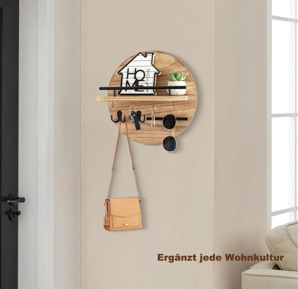 Wooden Key Holder with Storage Tray and Hooks for Hallway Corridor Bedroom Office, Light Brown - Image 3