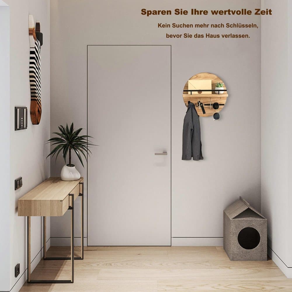 Wooden Key Holder with Storage Tray and Hooks for Hallway Corridor Bedroom Office, Light Brown - Image 4