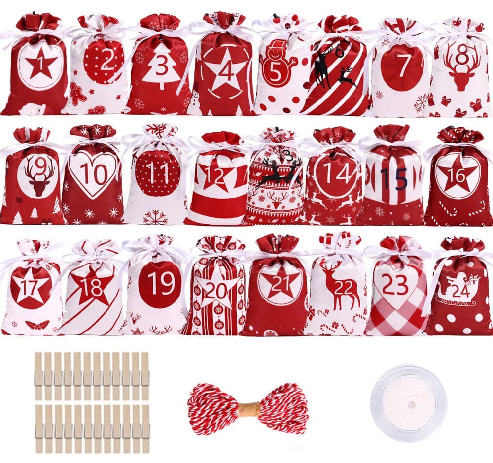 24 Christmas Calendar Bags, DIY Advent Calendar with Hanging Bags, Reusable for Christmas Gifts, Red - Image 1