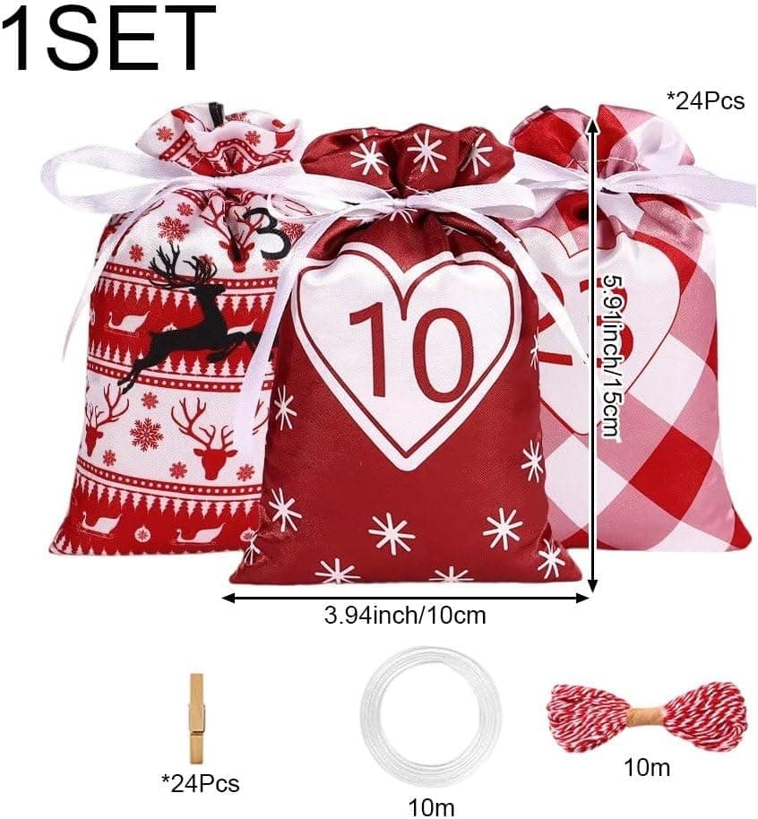 24 Christmas Calendar Bags, DIY Advent Calendar with Hanging Bags, Reusable for Christmas Gifts, Red - Image 3