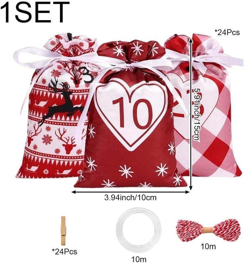 24 Christmas Calendar Bags, DIY Advent Calendar with Hanging Bags, Reusable for Christmas Gifts, Red - Image 4