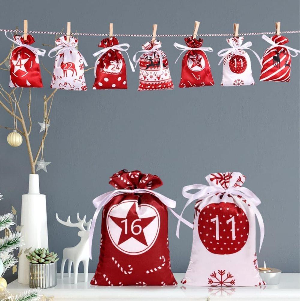 24 Christmas Calendar Bags, DIY Advent Calendar with Hanging Bags, Reusable for Christmas Gifts, Red - Image 8