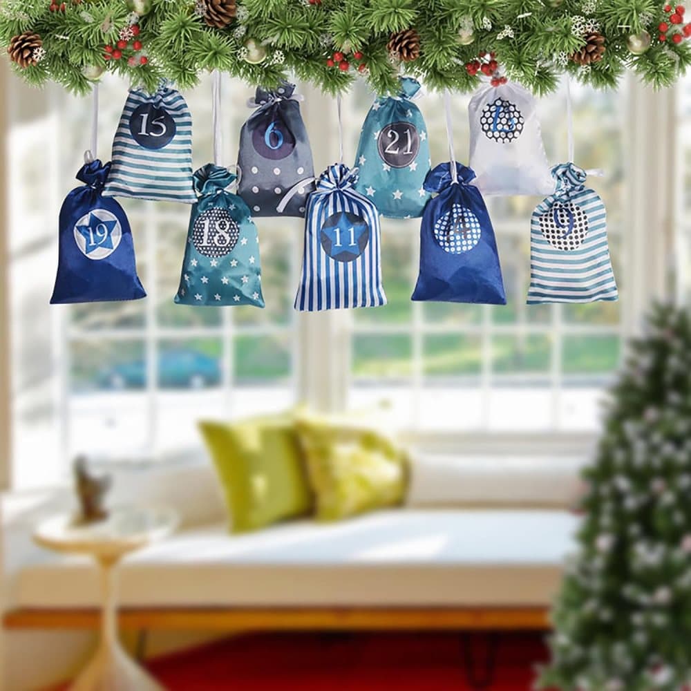 24 Christmas Calendar Bags, DIY Advent Calendar with Hanging Bags, Reusable Green Christmas Gifts - Image 7