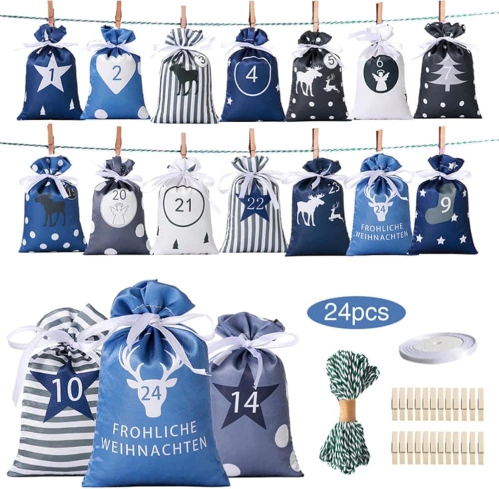 24 Christmas Calendar Bags, DIY Advent Calendar with Hanging Bags, Reusable Christmas Gifts, Blue - Image 2
