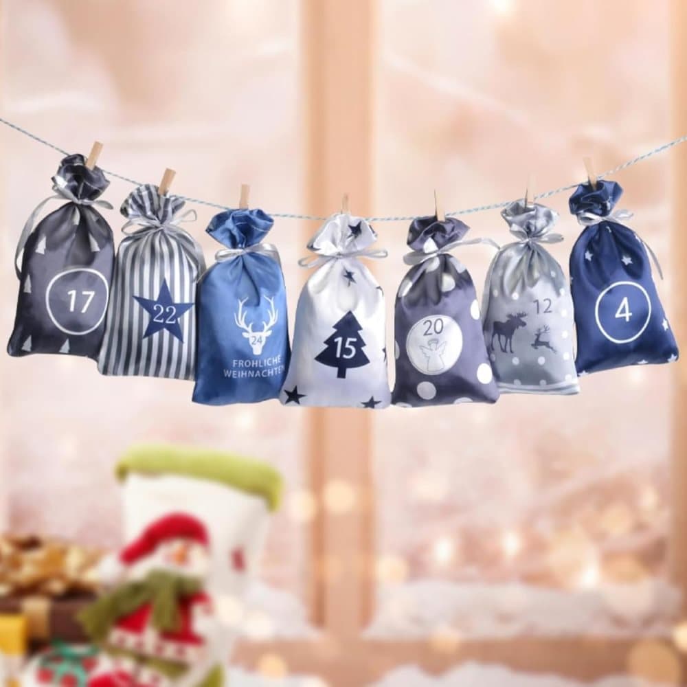 24 Christmas Calendar Bags, DIY Advent Calendar with Hanging Bags, Reusable Christmas Gifts, Blue - Image 5