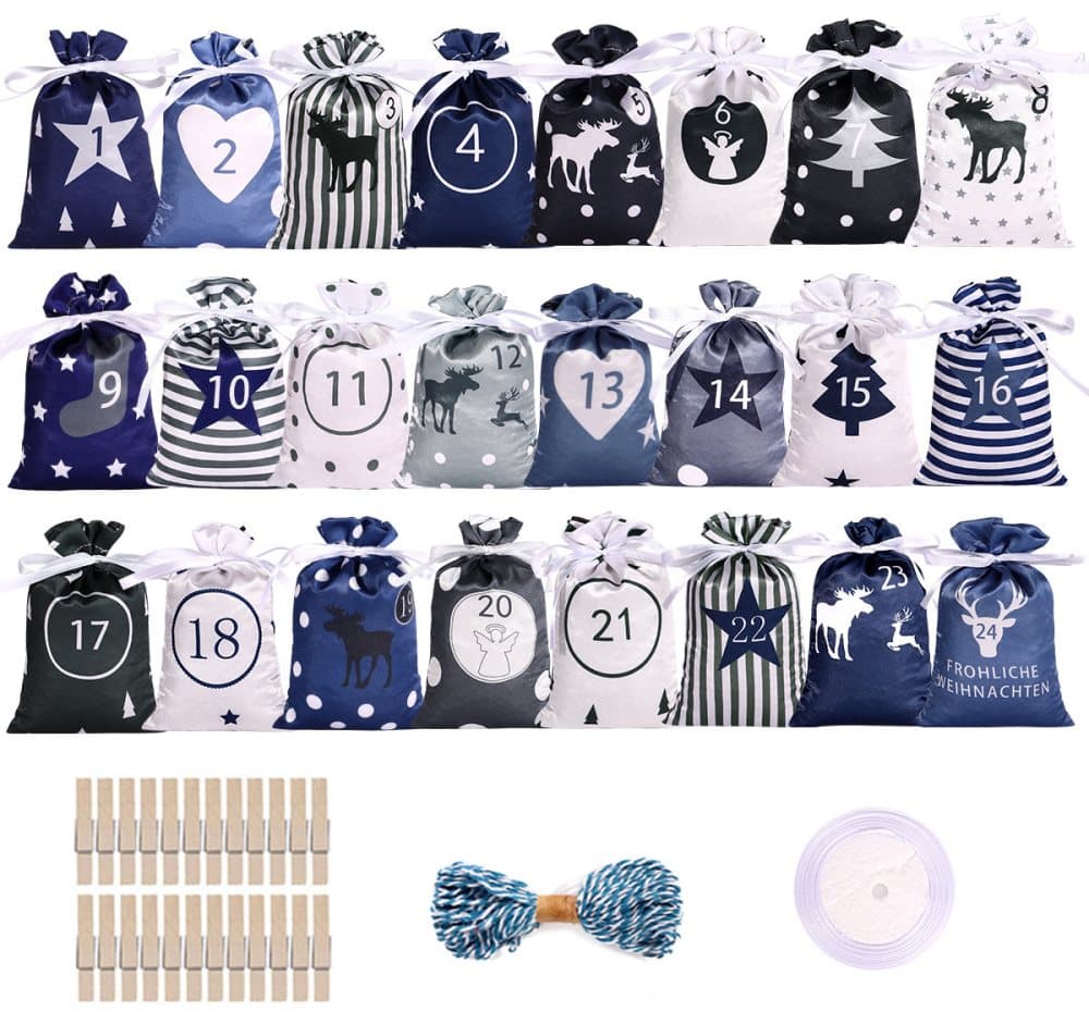 24 Christmas Calendar Bags, DIY Advent Calendar with Hanging Bags, Reusable Christmas Gifts, Blue - Image 7