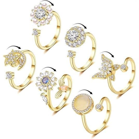 6 pcs Rotatable Antistress Fidget Spinner Rings, Gold - Image 1