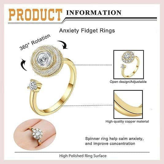 6 pcs Rotatable Antistress Fidget Spinner Rings, Gold - Image 2