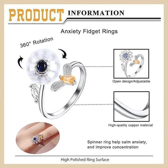6 pcs Rotatable Antistress Fidget Spinner Rings, Silver - Image 2