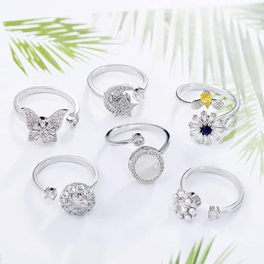 6 pcs Rotatable Antistress Fidget Spinner Rings, Silver - Image 3
