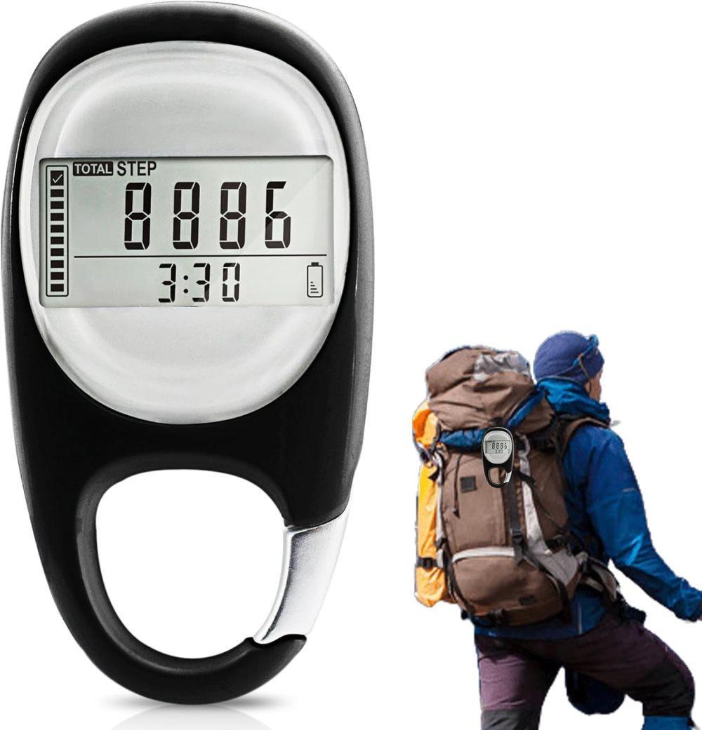 3D Pedometer with LED Display for Running and Walking, Portable Step Counter with Climbing Carabiners, Black - Image 1