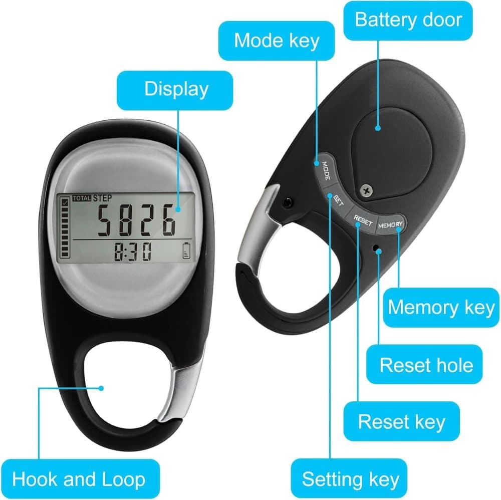 3D Pedometer with LED Display for Running and Walking, Portable Step Counter with Climbing Carabiners, Black - Image 3