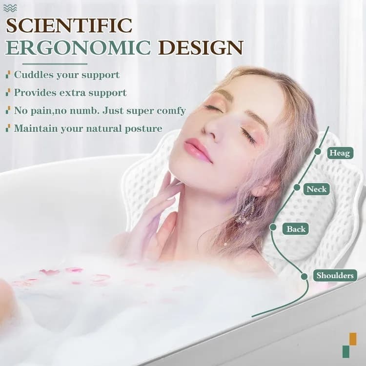 Ergonomic Bathtub Pillow with 6 Strong Suction Cups, Support for Head Neck Shoulders & Back, 4D Design, White - Image 5