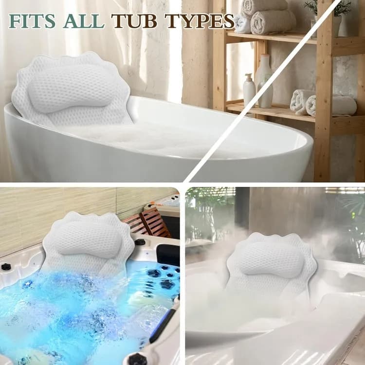Ergonomic Bathtub Pillow with 6 Strong Suction Cups, Support for Head Neck Shoulders & Back, 4D Design, White - Image 6