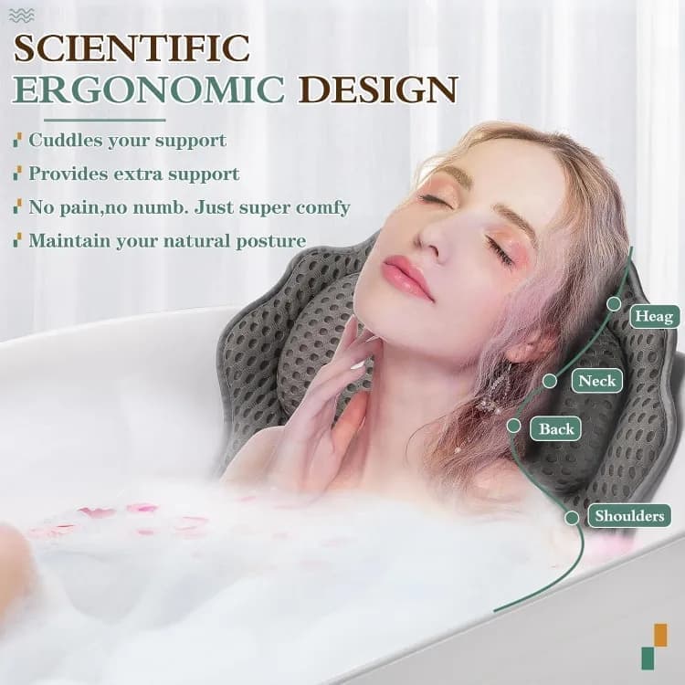 6-Pack Ergonomic Bathtub Pillow with 6 Strong Suction Cups, Support for Head Neck Shoulders & Back, 4D Design, Gray - Image 4