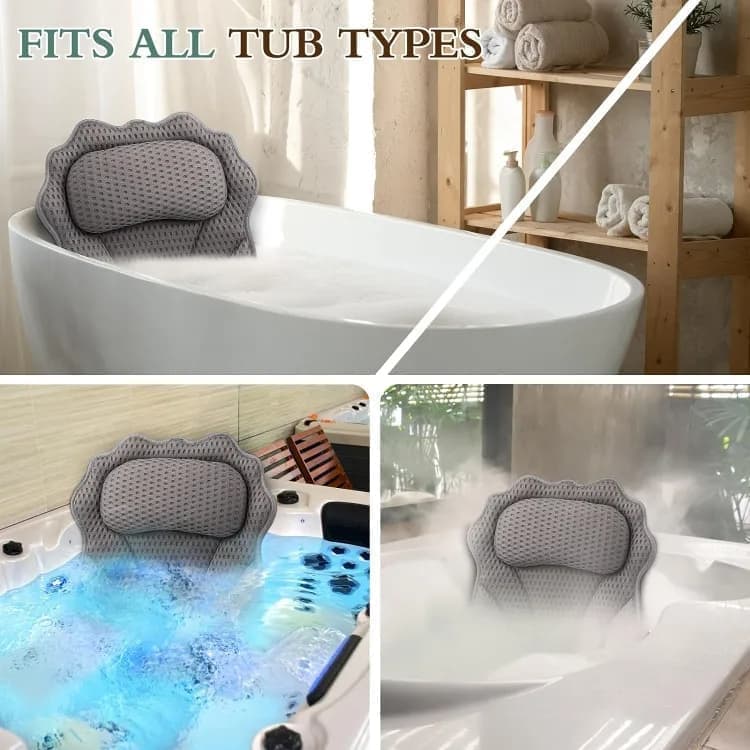 6-Pack Ergonomic Bathtub Pillow with 6 Strong Suction Cups, Support for Head Neck Shoulders & Back, 4D Design, Gray - Image 6