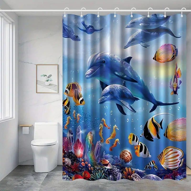 Waterproof Dolphin Shower Curtain, Mildew Resistant Bathroom Decor with Dolphin Motif, 90×180cm - Image 1