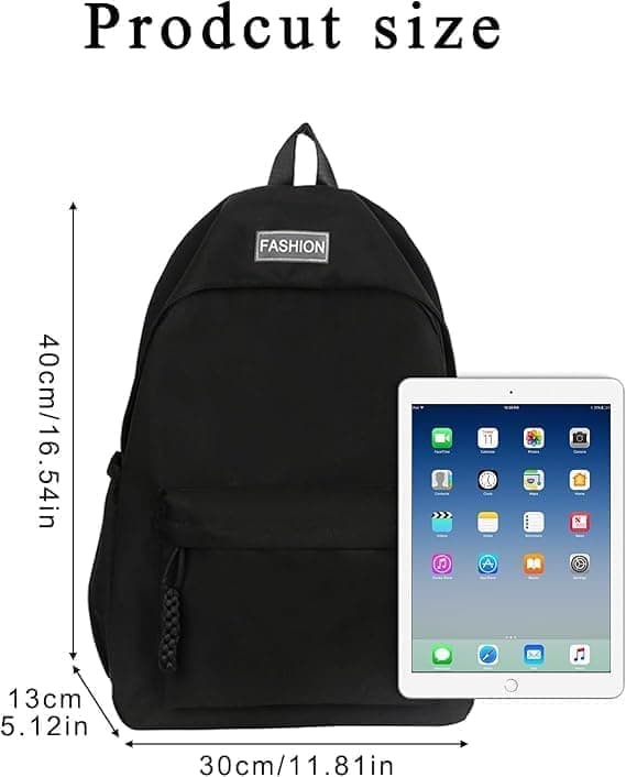 Waterproof School Backpack for Travel, Unisex Solid Color, Black - Image 2