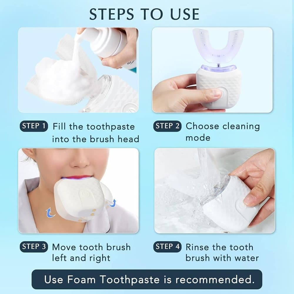 360° U-Shaped Electric Toothbrush, 3 Cleaning Modes, IPX7 Waterproof, Automatic Ultrasonic Tooth Cleaner, Compatible with Oral-B, White - Image 6