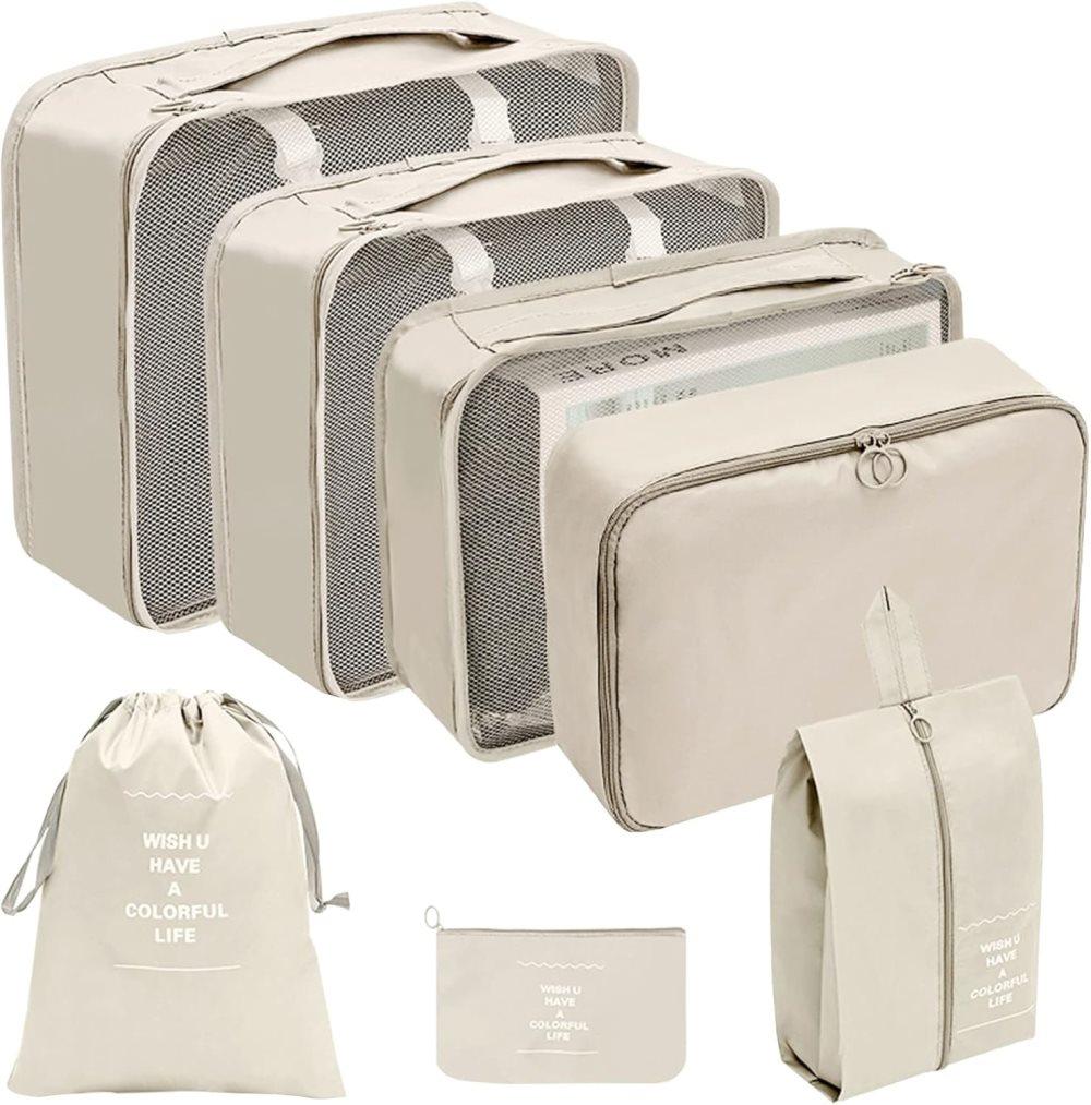 7-Piece Suitcase Organizer Beige, for Luggage Travel Bags - Image 1