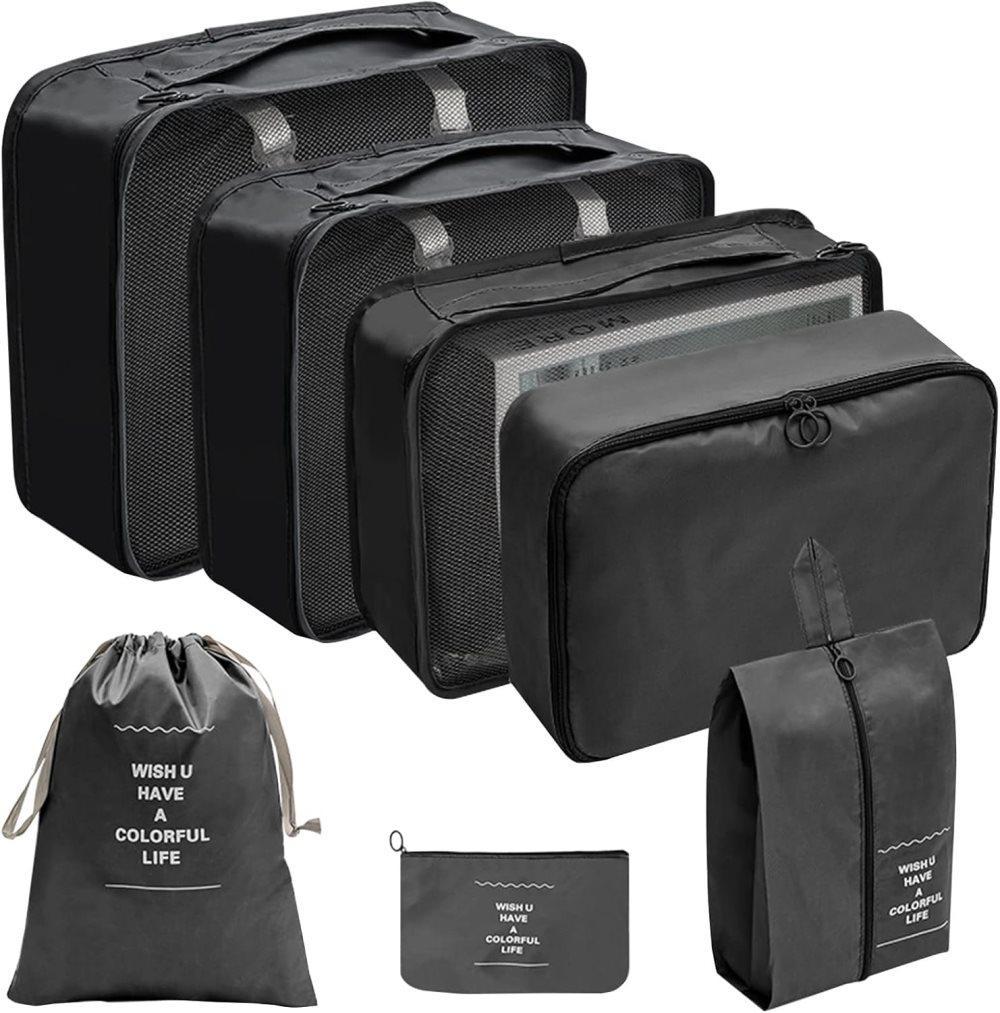 7-Piece Black Suitcase Organizer for Travel Bags - Image 1
