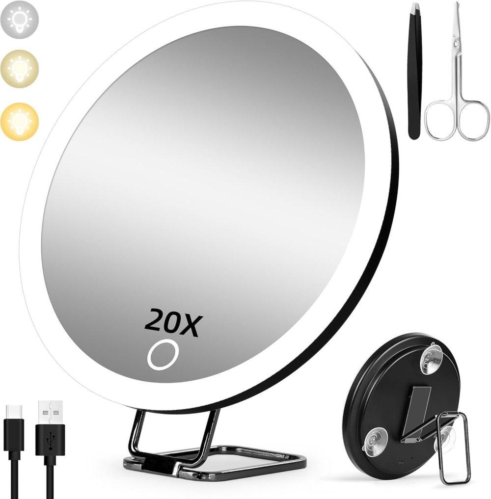 20X LED Makeup Mirror with Lighting, 360° Rotatable Dimmable 3 Light Modes Magnification Suction Cup, Black - Image 1