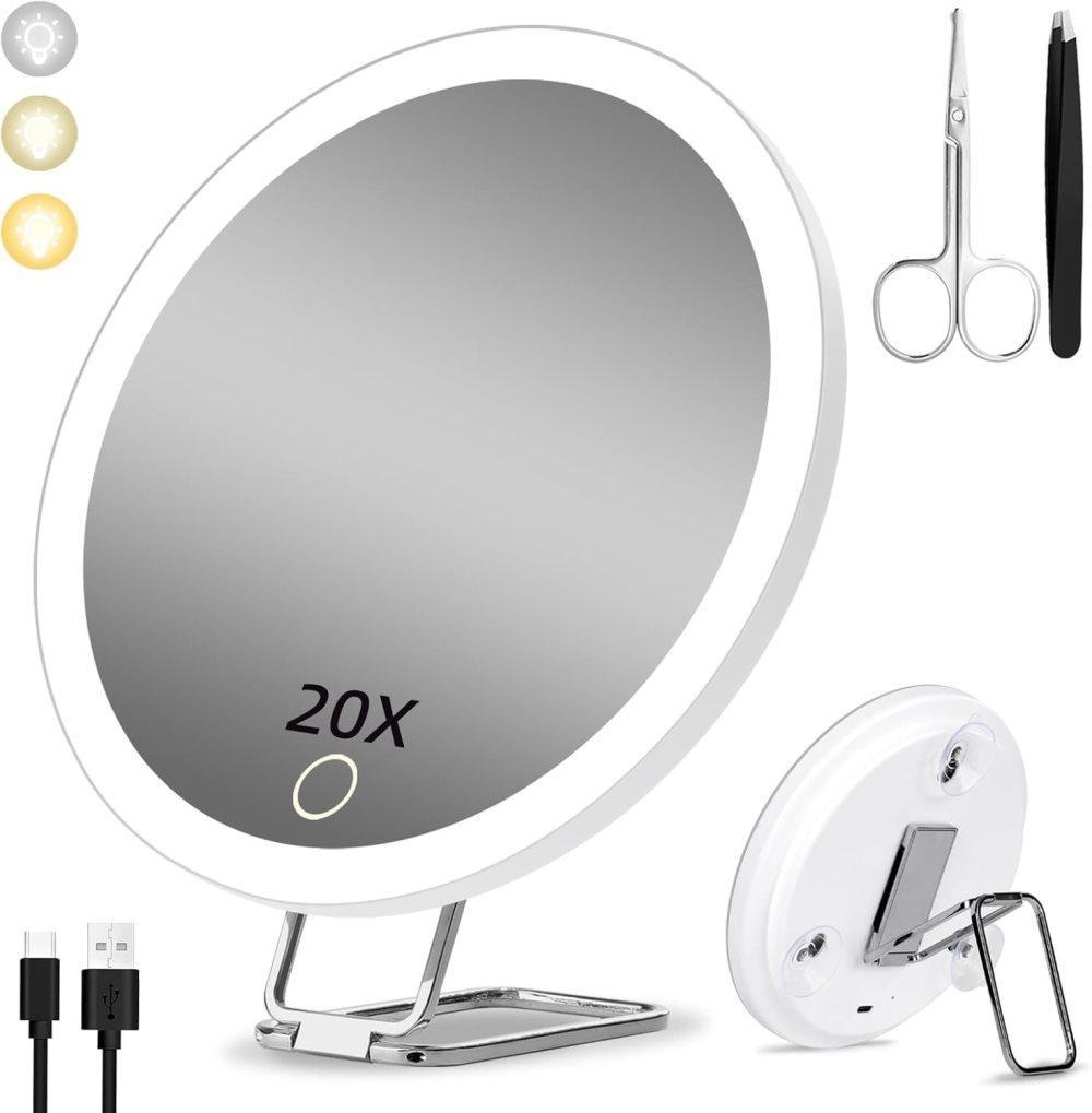 20X LED Makeup Mirror with Lighting, 360° Rotatable Dimmable 3 Light Modes Magnification Suction Cup, White - Image 1