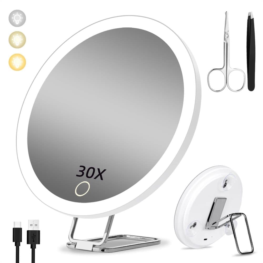 30X LED Makeup Mirror with Lighting, 360° Rotatable Dimmable 3 Light Modes Magnification Suction Cup, White - Image 1