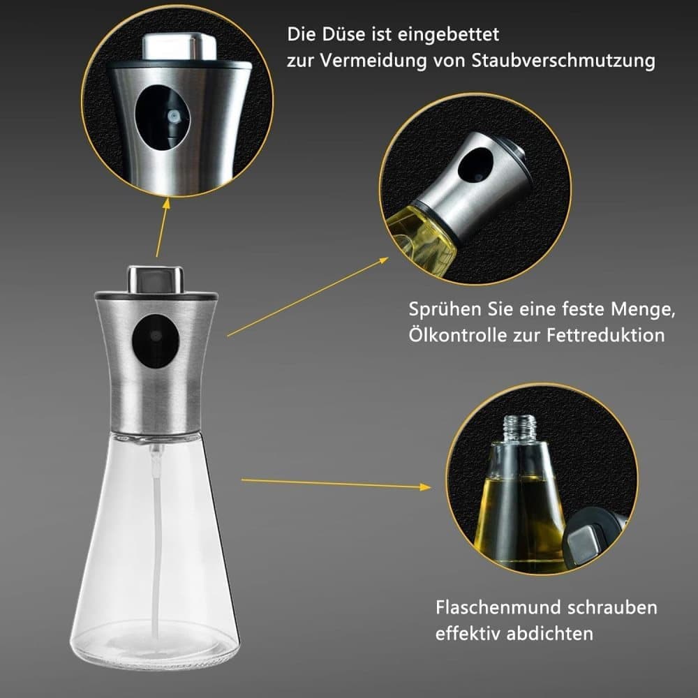 Stainless Steel and Glass Oil Spray Bottle 200 ml, Conical Design for Cooking Grilling Baking - Image 5