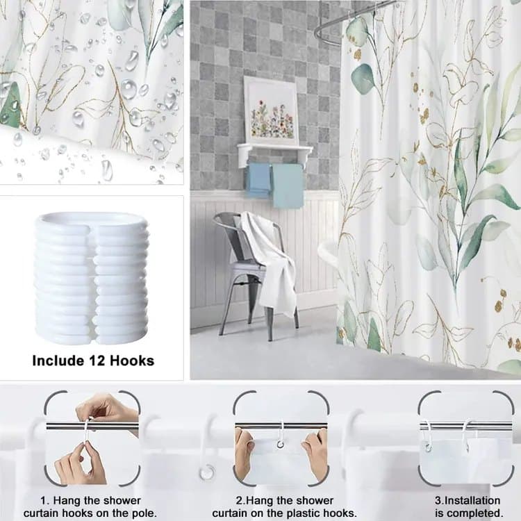 Waterproof Shower Curtain Green Mildew Resistant, 180x180 cm - Image 6
