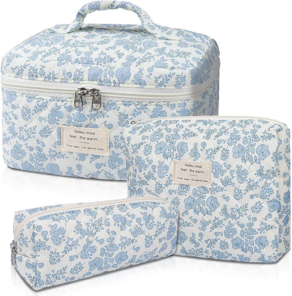 3 Cosmetic Bags Floral Lightweight Toiletry Bag for Women, Blue - Image 1
