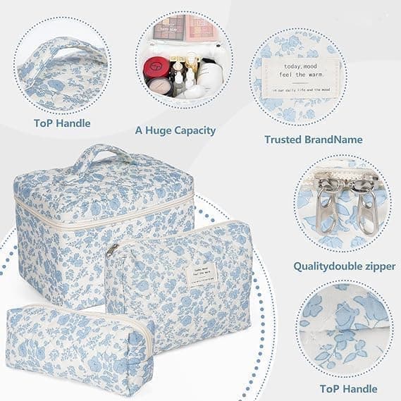 3 Cosmetic Bags Floral Lightweight Toiletry Bag for Women, Blue - Image 2