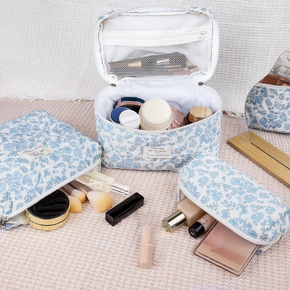 3 Cosmetic Bags Floral Lightweight Toiletry Bag for Women, Blue - Image 3