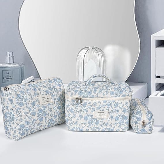 3 Cosmetic Bags Floral Lightweight Toiletry Bag for Women, Blue - Image 4