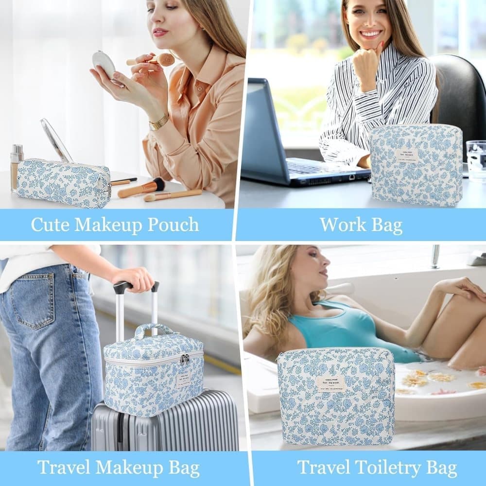 3 Cosmetic Bags Floral Lightweight Toiletry Bag for Women, Blue - Image 5