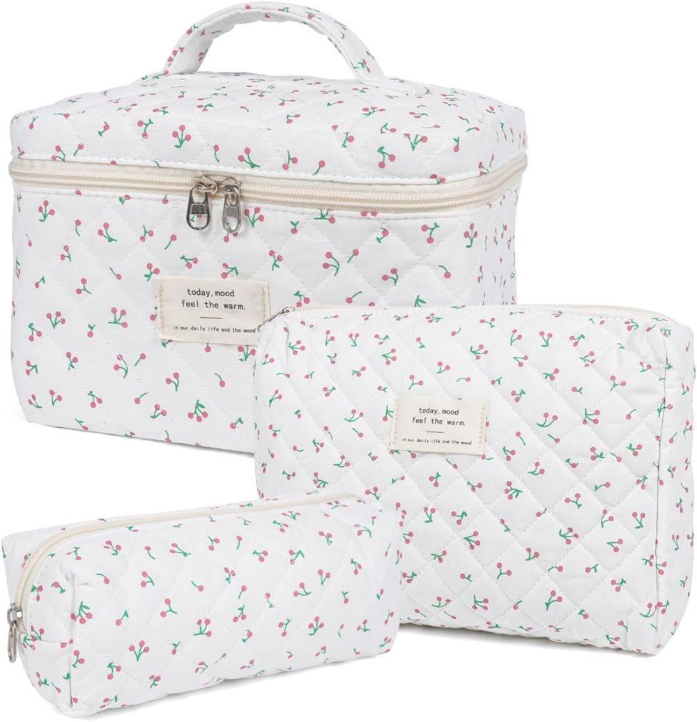 3 Cosmetic Bags Floral Lightweight Toiletry Bag for Women, White, Set of 3 - Image 1