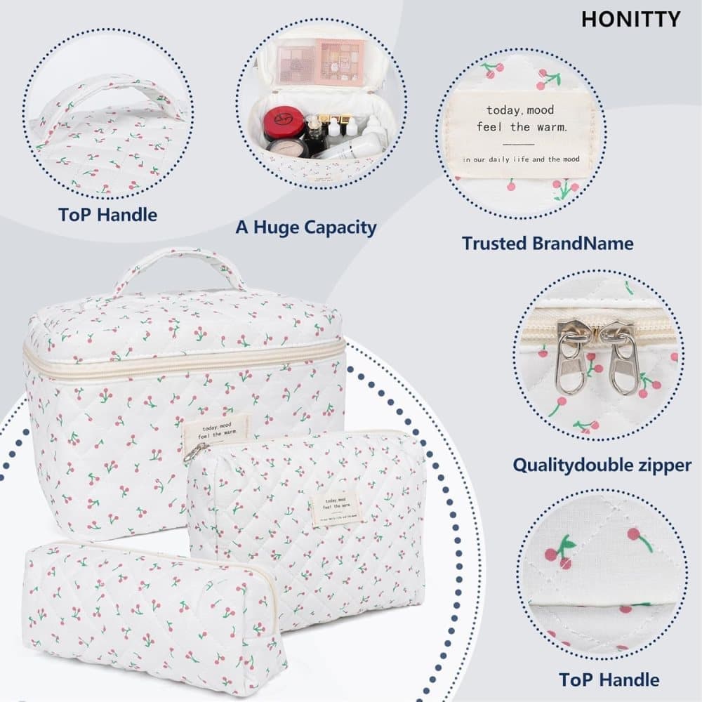 3 Cosmetic Bags Floral Lightweight Toiletry Bag for Women, White, Set of 3 - Image 2