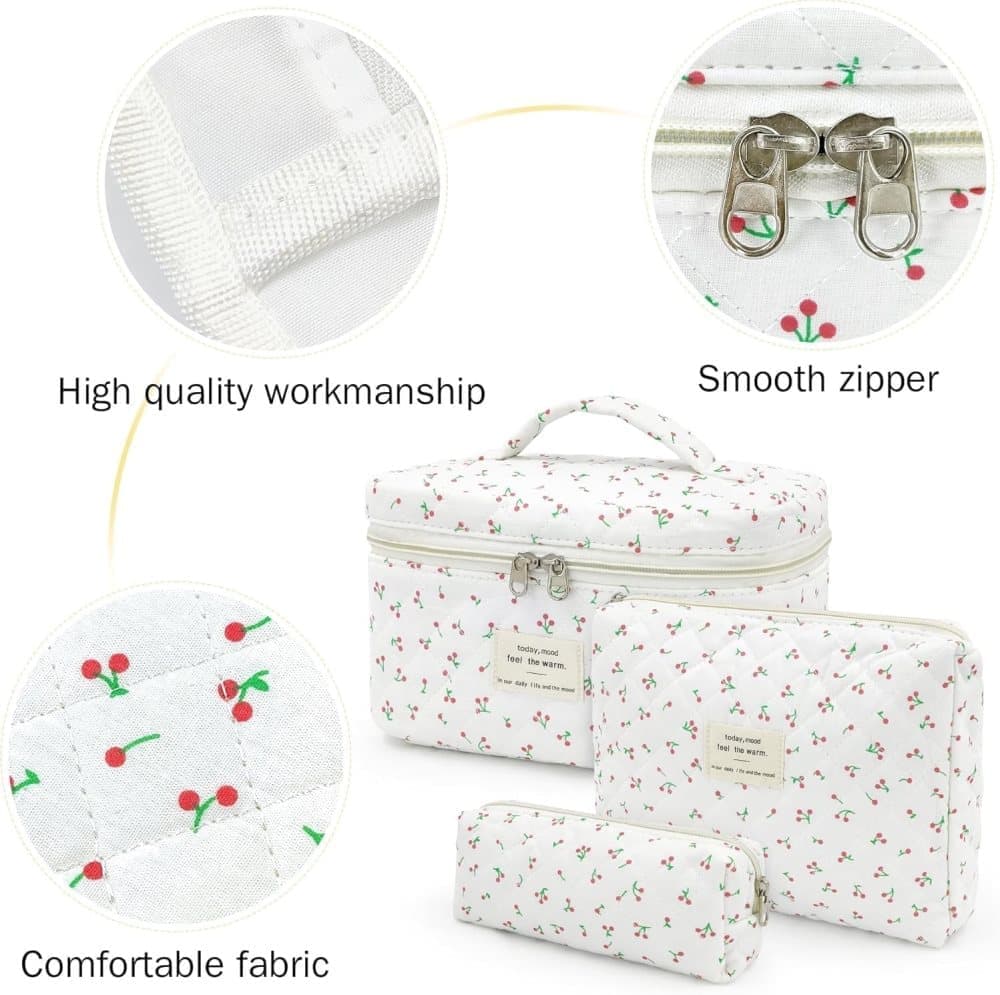 3 Cosmetic Bags Floral Lightweight Toiletry Bag for Women, White, Set of 3 - Image 3