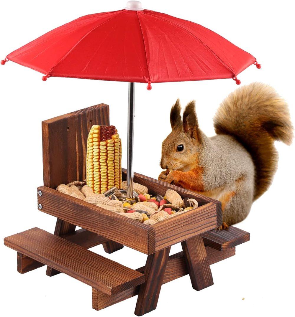 Wooden Squirrel Feeder with Parasol and Picnic Table, Outdoor Squirrel Table Set, Robust and Reliable - Image 1