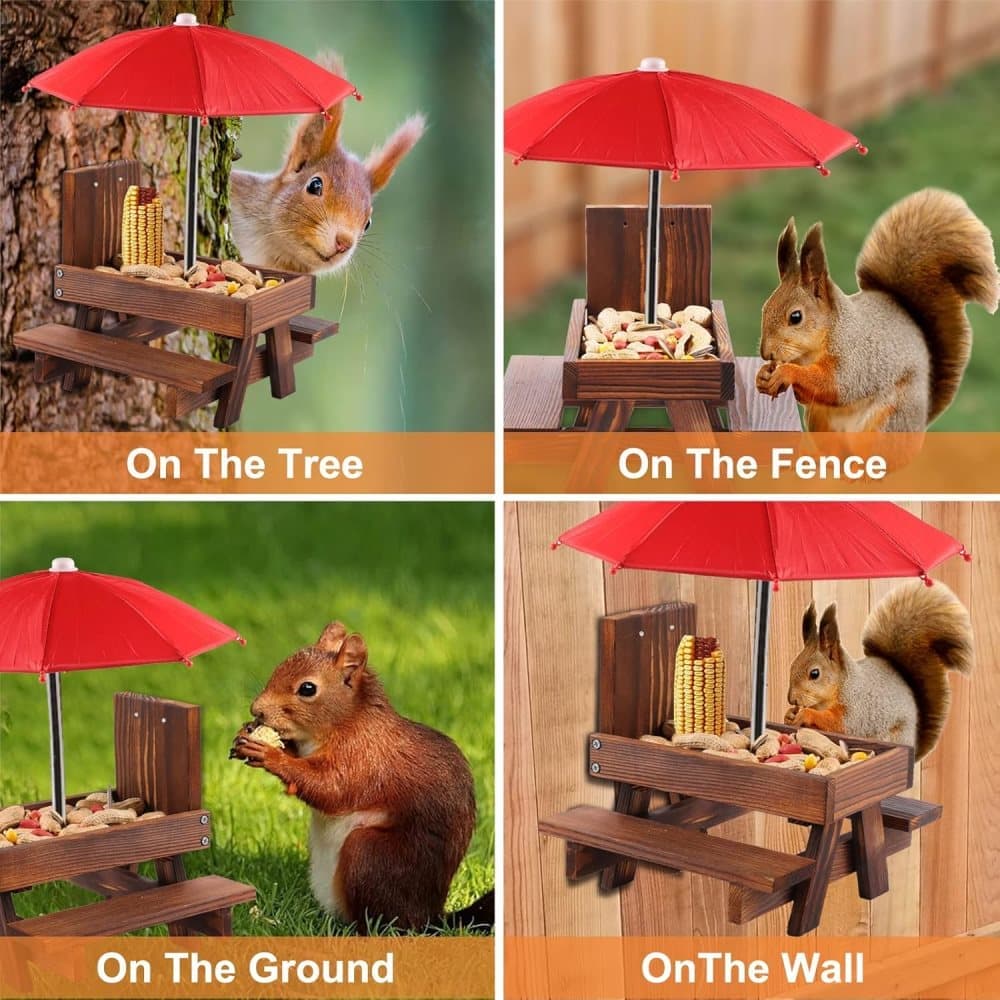 Wooden Squirrel Feeder with Parasol and Picnic Table, Outdoor Squirrel Table Set, Robust and Reliable - Image 3