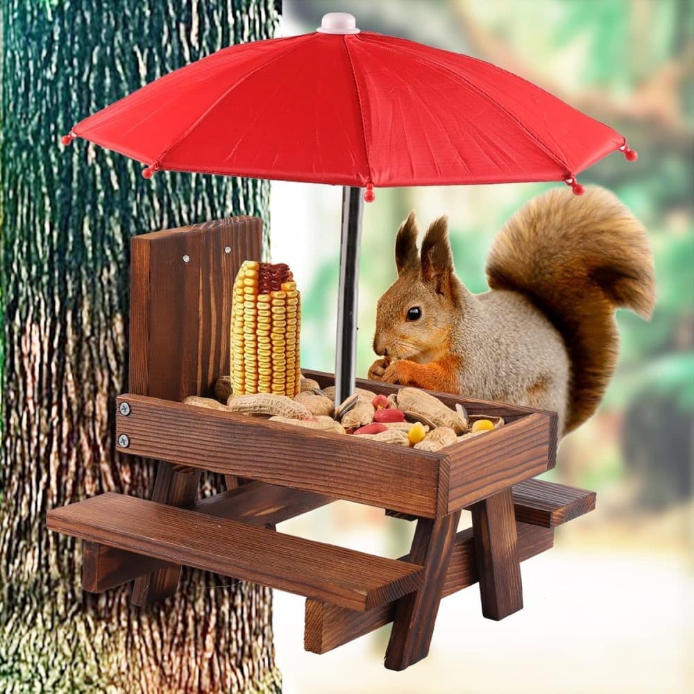Wooden Squirrel Feeder with Parasol and Picnic Table, Outdoor Squirrel Table Set, Robust and Reliable - Image 5