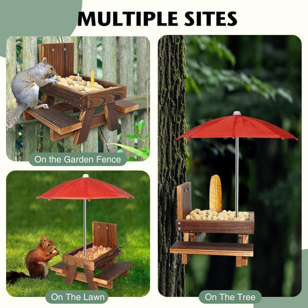 Wooden Squirrel Feeder with Parasol and Picnic Table, Outdoor Squirrel Table Set, Robust and Reliable - Image 6