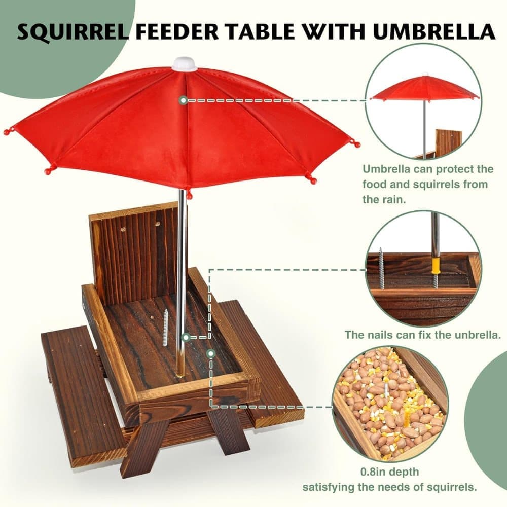 Wooden Squirrel Feeder with Parasol and Picnic Table, Outdoor Squirrel Table Set, Robust and Reliable - Image 7